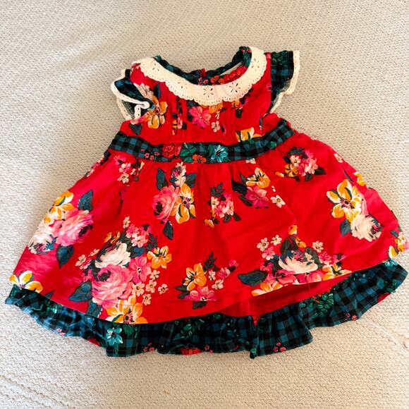 Matilda Jane Red + Green Sugar Plum Holiday Floral Ruffle Dress - 3 to 6 Months - Picture 8 of 9